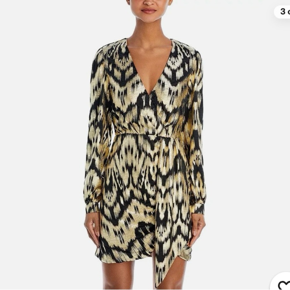 Aqua Black and gold foil, faux wrap, Long Sleeve Dress New with tags